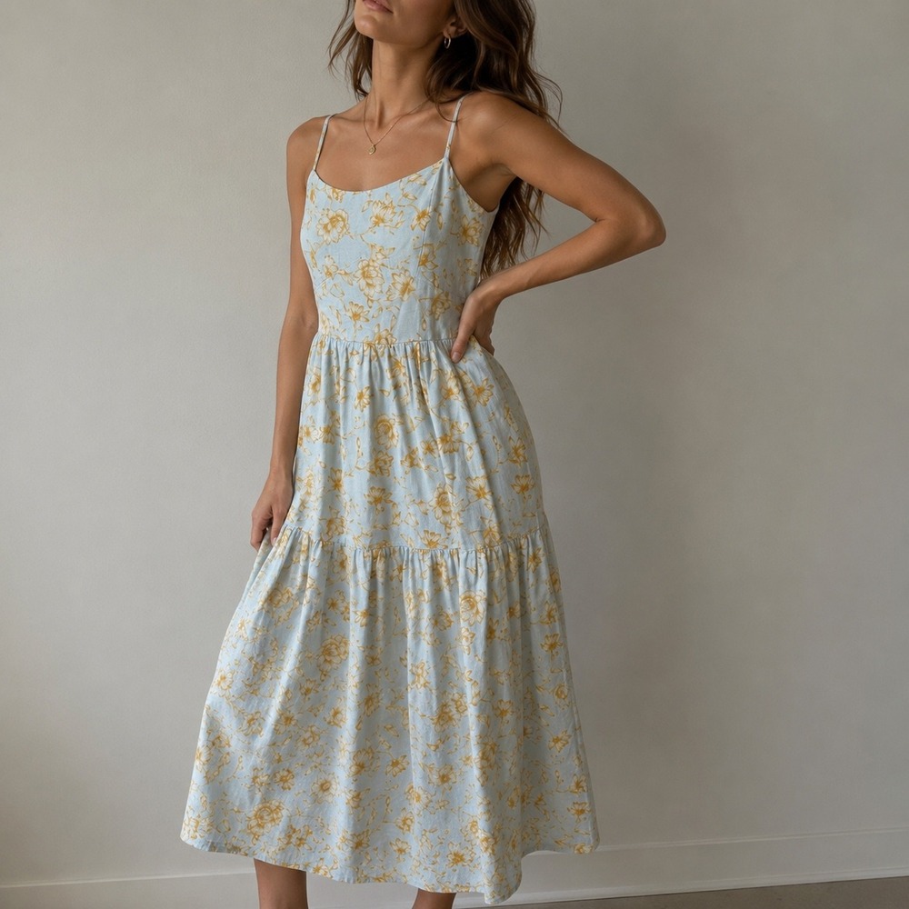 Christian Lacroix Blue Floral Linen Blend Tiered Maxi Dress Small Cottagecore
